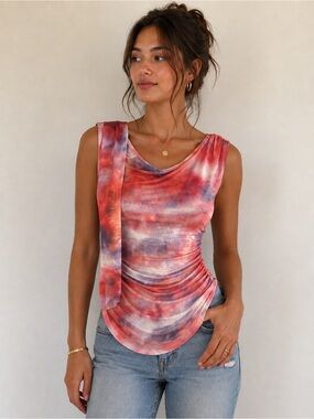Pink Queen Sleeve Cap Tie-Dye Ruched Women's Top in Red Pink Purple Size S NWT